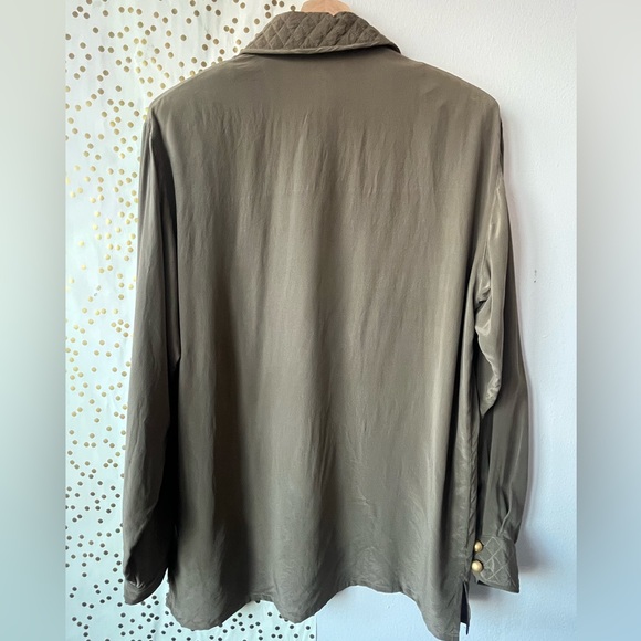 Women's 100% Silk Hand Embroidered Quilted Olive Green Button Down Blouse size L - Picture 2 of 14